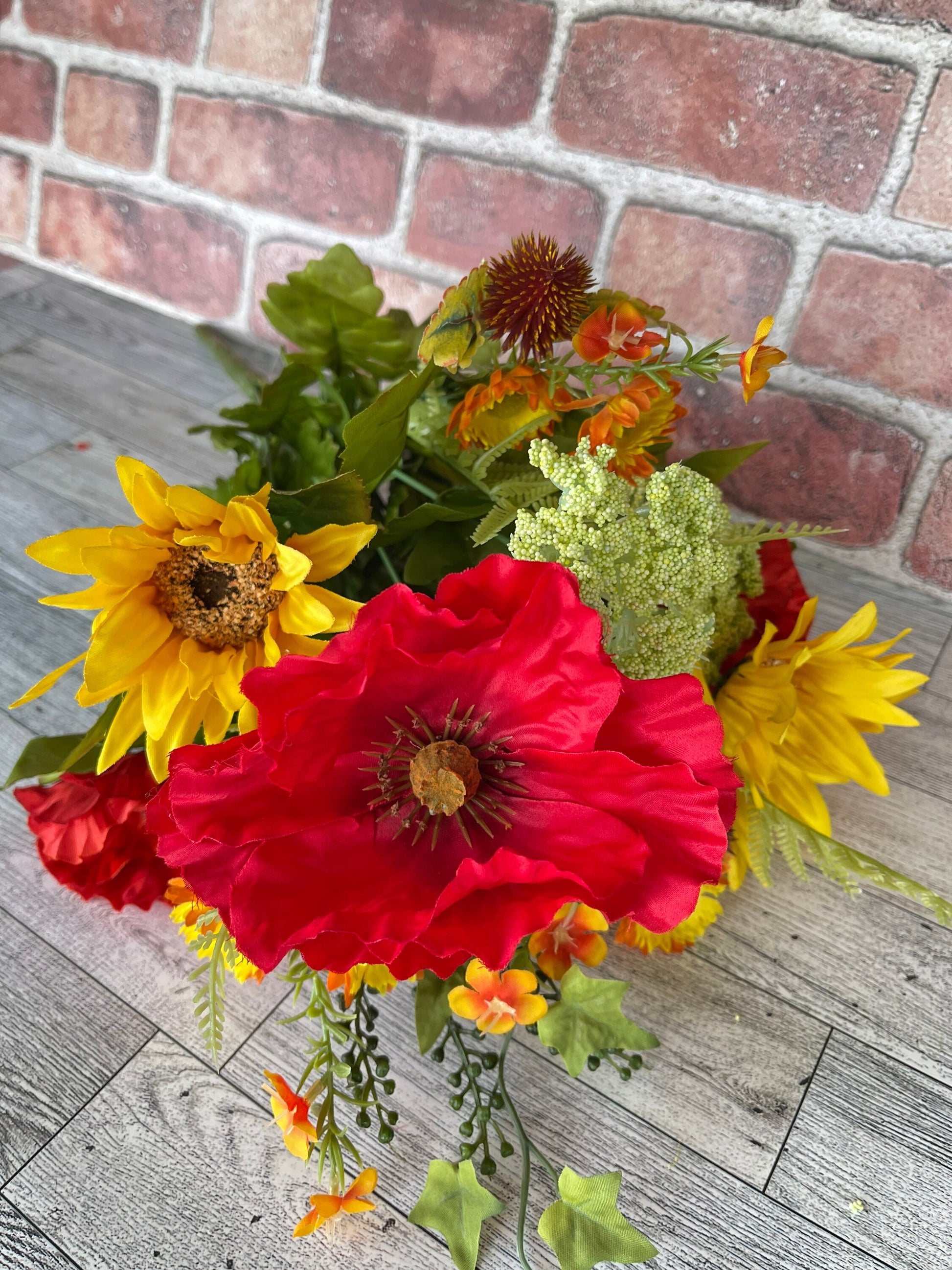 Red Poppy and Sunflower Bunch, Floral Spray, Greenery, Floral Supplies, Wreath Greenery, Floral Greenery, Picks,