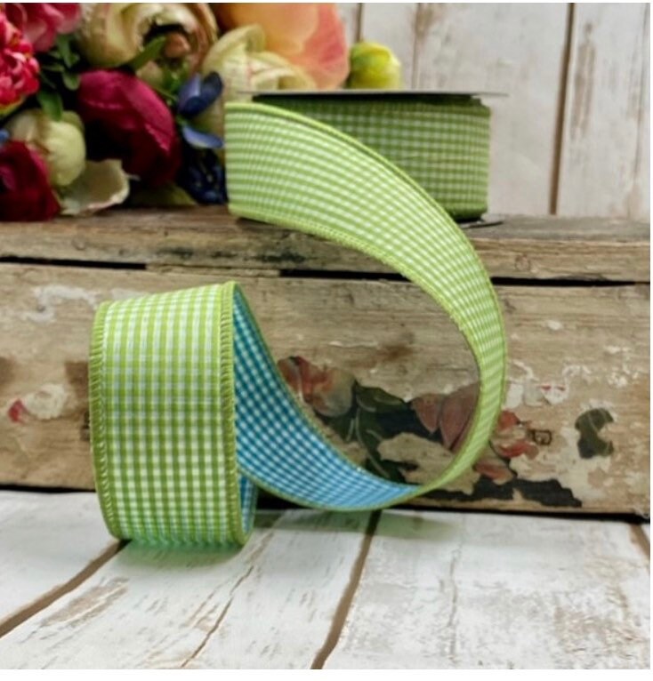 2.5 inch Ribbon, 10 YARD ROLL, DStevens Ribbon, Green Blue Gingham Ribbon, Check Ribbon, Holiday, Decor, Spring Ribbon,