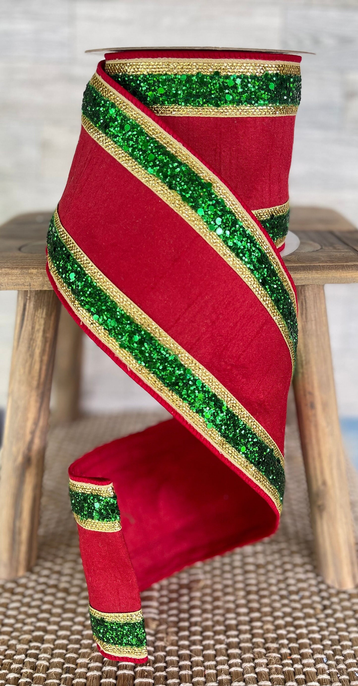 Red and Green Glitter Ribbon, 5 YARDS, Luxury Ribbon, Christmas Ribbon, Craft Supply Ribbon, Red Ribbon, Dupion Ribbon