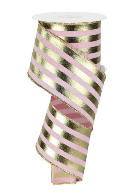 10 YARDS 2.5 inch Ribbon, craft, Pink Gold metallic Stripe Ribbon, Holiday Ribbon, Valentine Ribbon, Wreath Supplies, Floral Supply