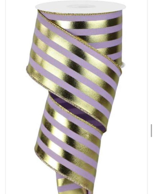 10 YARDS 2.5 inch Ribbon, craft, Lavender Purple Gold metallic Stripe Ribbon, Holiday Ribbon, Wreath Supplies, Floral Supply