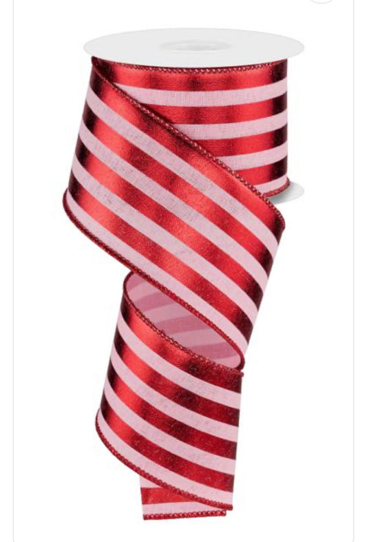 10 YARDS 2.5 inch Ribbon, craft, Red & Pink metallic Stripe Ribbon, Holiday Ribbon, Valentine Ribbon, Wreath Supplies, Floral Supply