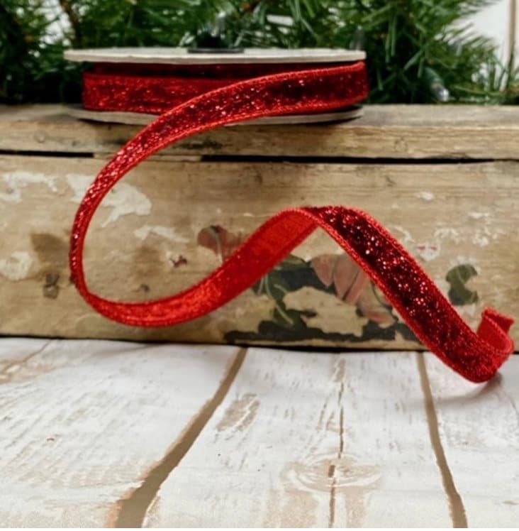 DStevens .5 inch Red Glitter Metallic Velvet Ribbon, Wired Ribbon, Red Christmas Ribbon, Holiday, Decor, Narrow Ribbon,