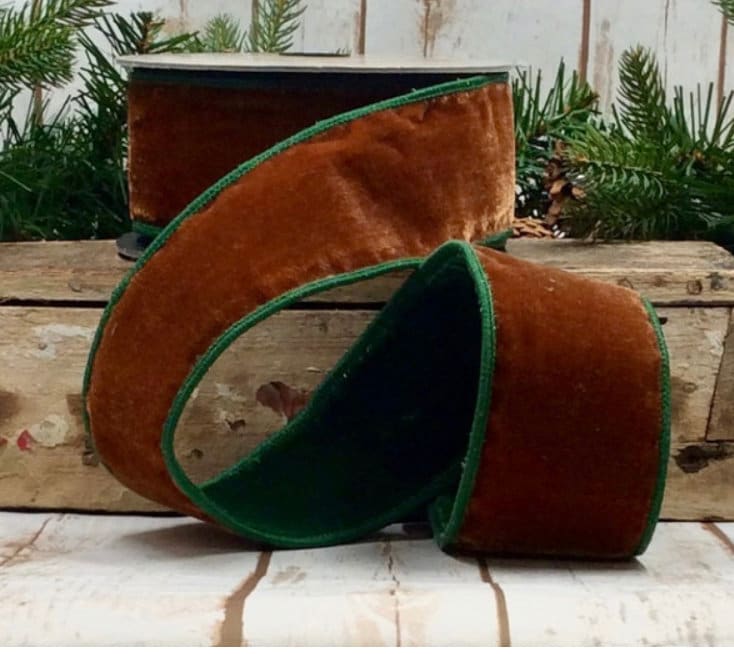 2.5 inch Ribbon, 5 YARD ROLL, dStevens Ribbon, Brown Pine Green Reversible Velvet Ribbon, Holiday, Decor, Velvet Ribbon, Christmas Ribbon