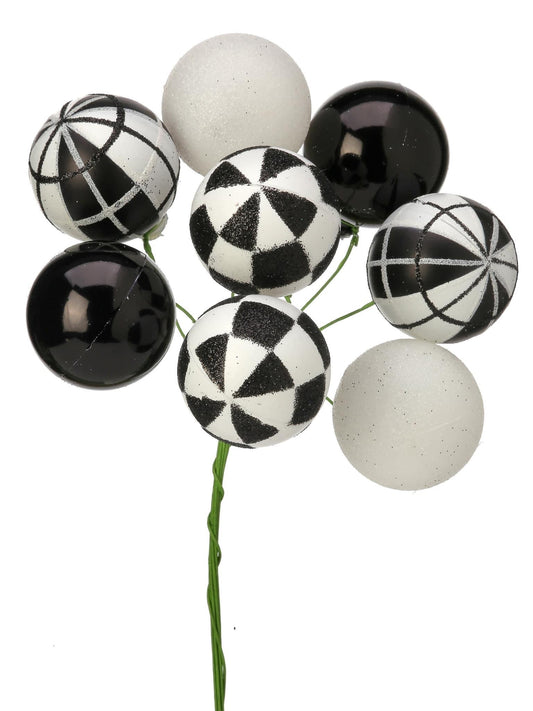 Black and White Ornament Ball Cluster Pick, Greenery, Wreath Christmas Tree Decorating Picks, Wreath Embellishments, Christmas, Craft Supply