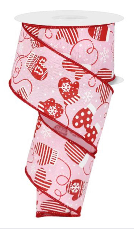 2.5 inch wide Ribbon, Winter Mittens Ribbon, Holiday, Decor, Christmas Ribbon, Floral Supplies, Pink and Red Christmas Ribbon