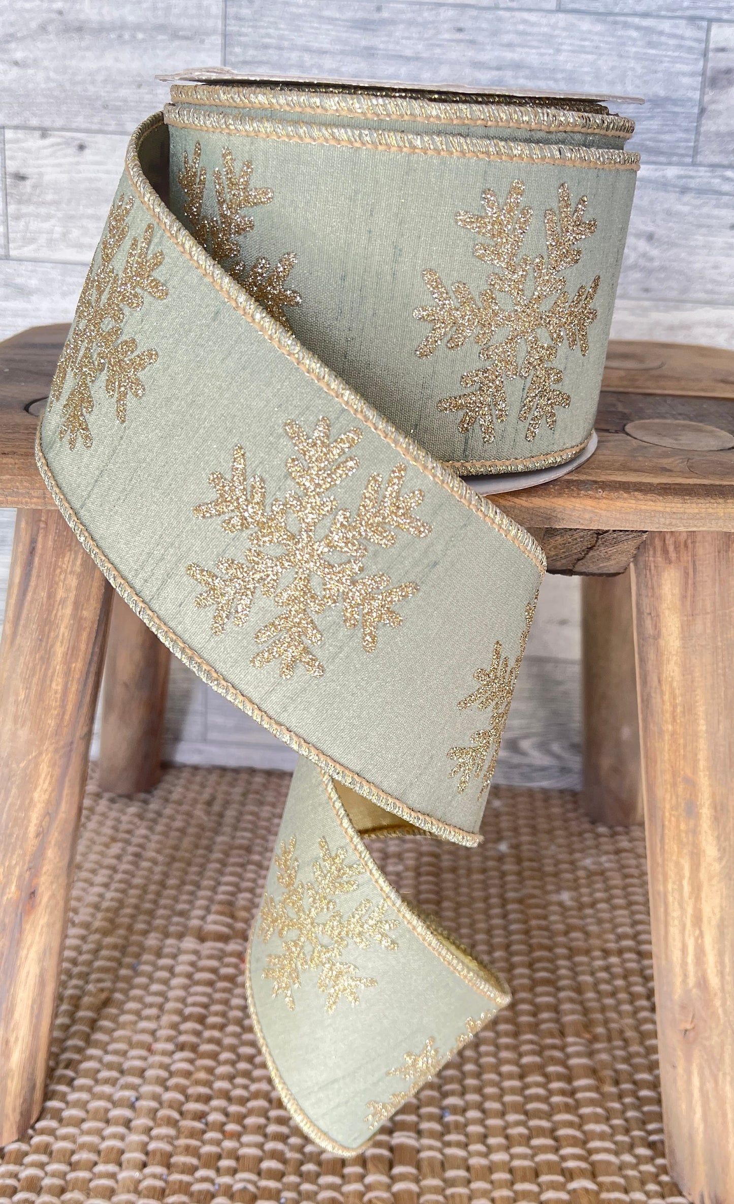 2.5 inch wide Ribbon, Luxury Ribbon, Holiday, Decor, Designer Ribbon, Sage Green Snowflake Christmas Ribbon, Snowflake Ribbon