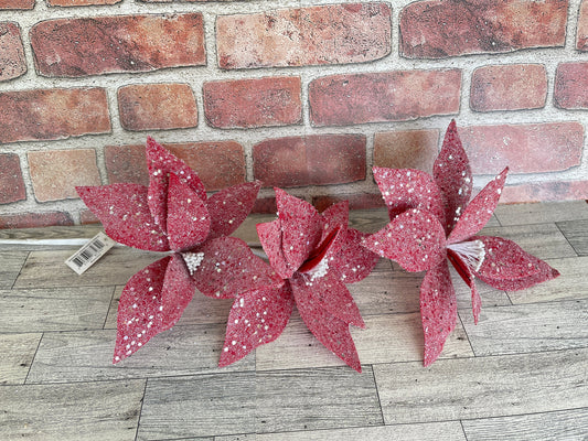 Red Frosted Glittered Poinsettia Stem Spray, Floral Supplies, Christmas Tree Picks, Wreath Embellishments, Christmas Craft Supply