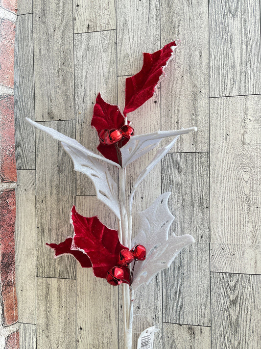 Red Frosted Glittered Holly Leaf Bell Stem Spray, Floral Supplies, Christmas Tree Picks, Wreath Embellishments, Christmas Craft Supply