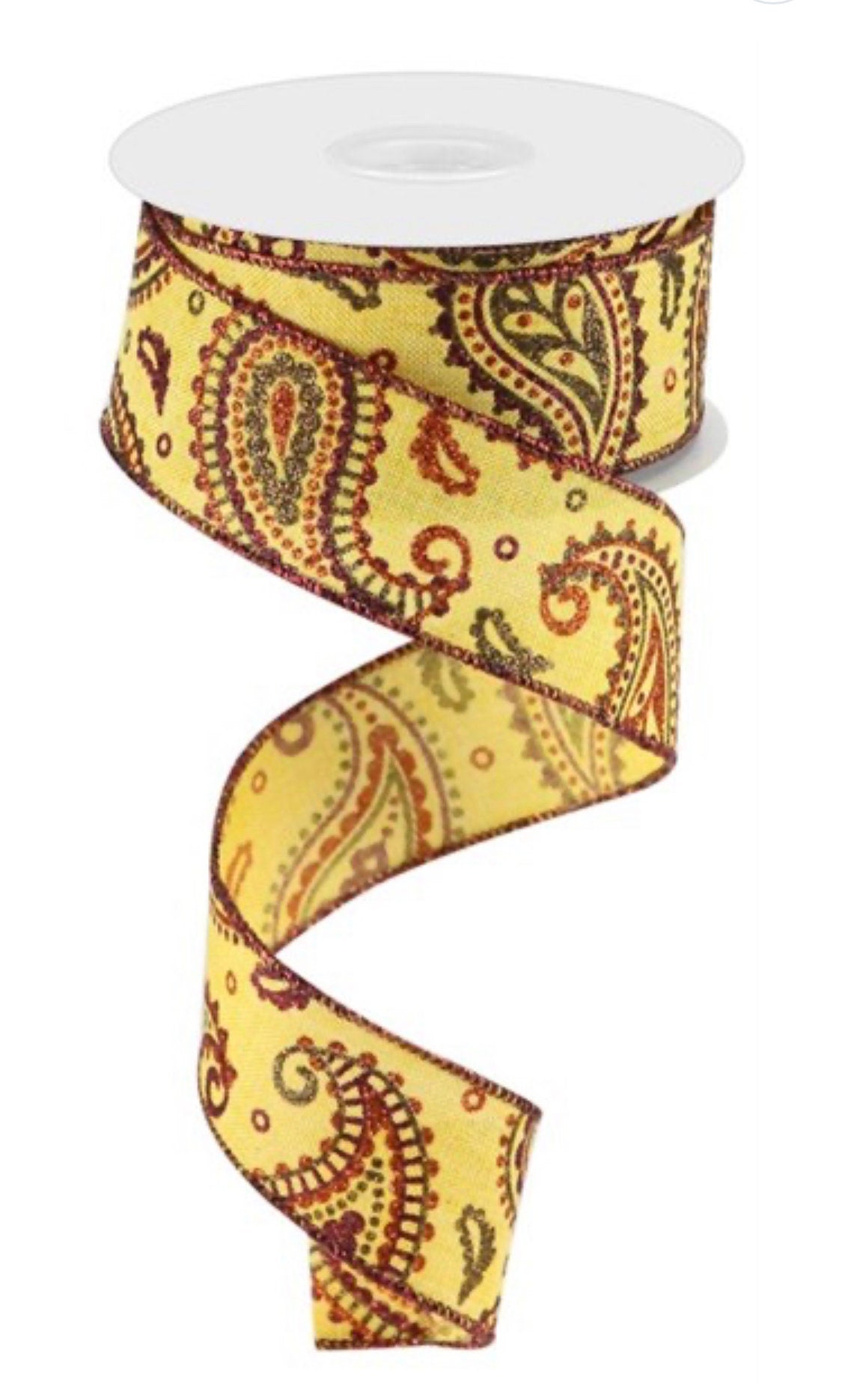 1.5 inch Ribbon, 10 YARD ROLL, Mustard Yellow Paisley Ribbon, Burgandy Paisley Ribbon, Holiday, Decor, Christmas Ribbon, Fall Ribbon