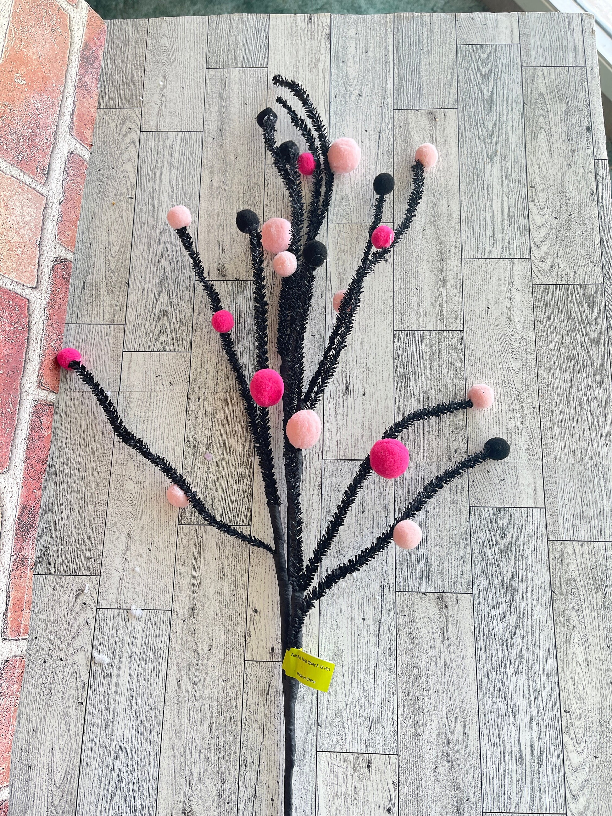 Pink and Black Felt Ball Cluster Spray, Greenery, Wreath Christmas Tree Decorating Picks, Wreath Embellishments, Christmas, Craft Supply