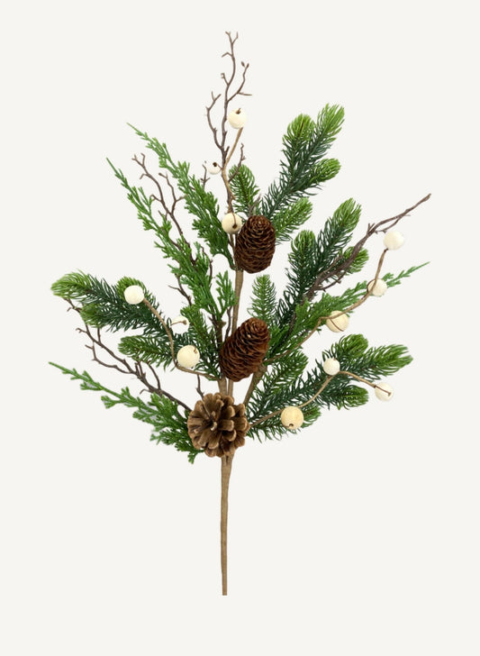 Pine Spray with Pinecones and White Wood Beads, Greenery, Floral Supplies, Wreath Greenery, Christmas Pine Greenery, Picks,