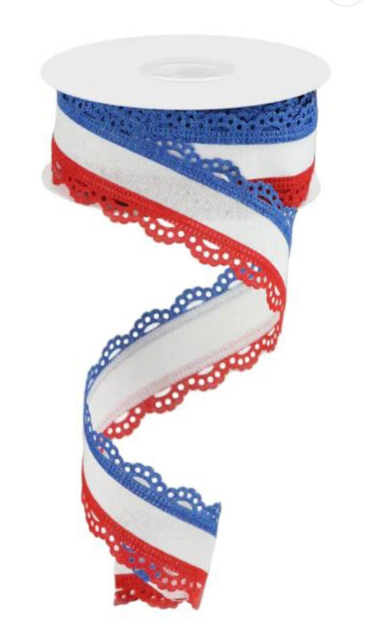 Patriotic Scallop Lace Edge Ribbon, Luxury Ribbon, Fourth of July Ribbon, Spring Ribbon, Wreath Supplies, Floral Supply
