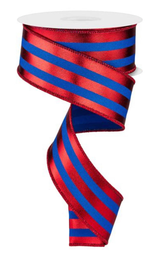 10 YARDS 1.5 inch Ribbon, craft, Blue Red metallic Stripe Ribbon, Holiday Ribbon, Patriotic Ribbon, Wreath Supplies, Floral Supply