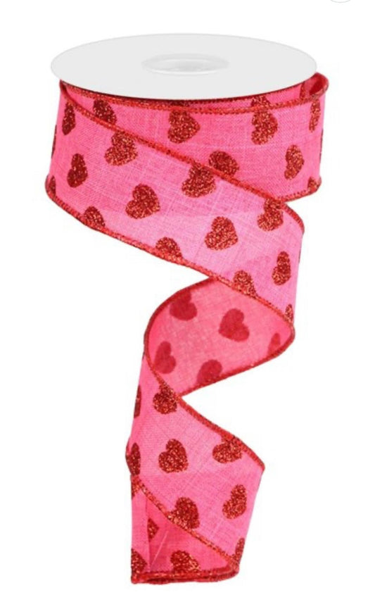 Glitter Red Hot Pink Heart Ribbon, 10 YARDS, Wired Ribbon, Holiday, Ribbon, Decor, Valentine Ribbon, Pink Red Valentine Ribbon