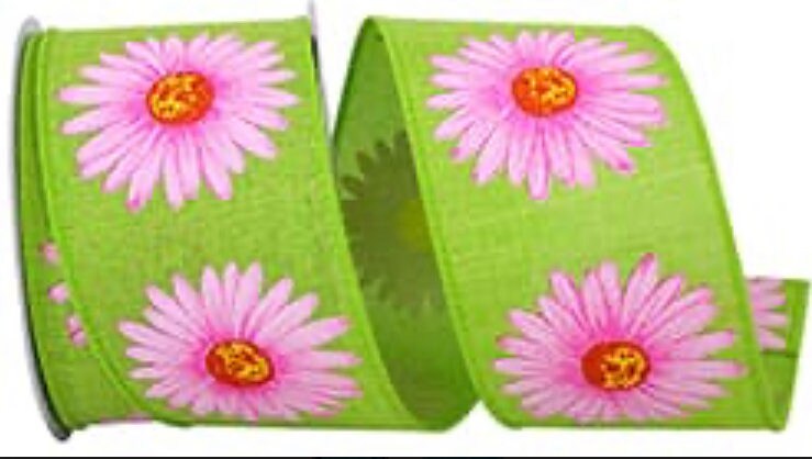 Green Pink Daisy Flower Ribbon, Faux Embroidery Daisy Ribbon, Wired Ribbon, Easter Holiday Ribbon, Decor, Spring Ribbon
