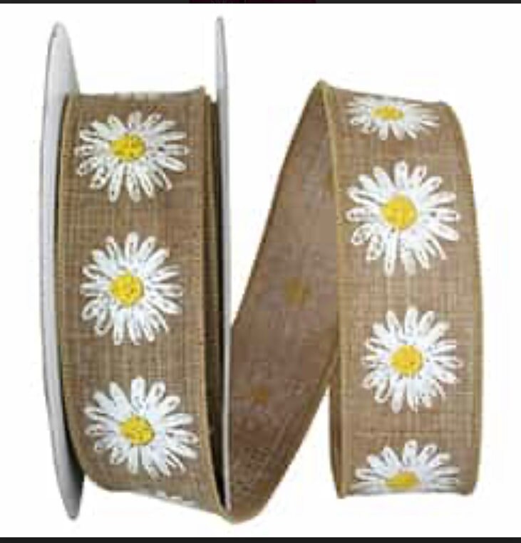 Linen White Daisy Flower Ribbon, Faux Embroidery Daisy Ribbon, Wired Ribbon, Easter Holiday Ribbon, Decor, Spring Ribbon, 20 Yard Roll