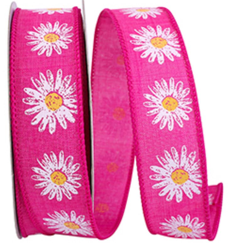 Hot Pink White Daisy Flower Ribbon, Faux Embroidery Daisy Ribbon, Wired Ribbon, Easter Holiday Ribbon, Decor, Spring Ribbon, 20 Yard Roll