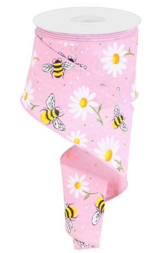 Pink Bee and Daisy Ribbon, 10 YARDS, Spring Ribbon, Summer Ribbon, Fruit Ribbon, Easter Ribbon, Bumble Bee Ribbon