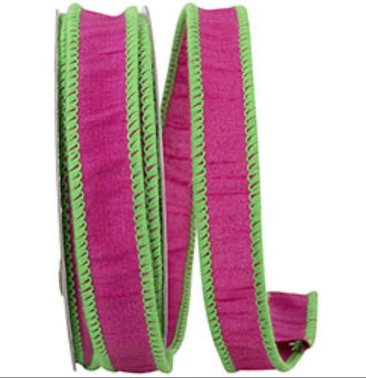 Fuschia Pink 7/8 inch Ribbon, 10 YARD ROLL, Hot Pink and Lime Green Edge Ribbon, Easter Spring Decor Ribbon