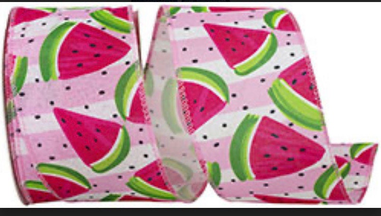 Watermelon 2.5 inch Ribbon, Pink White Stripe with Hot Pink Watermelon Slice Ribbon, Floral Supplies, Spring Ribbon