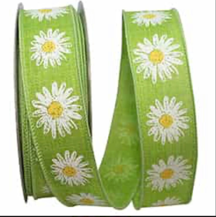 Green Daisy Flower Ribbon, Faux Embroidery Daisy Ribbon, Wired Ribbon, Easter Holiday Ribbon, Decor, Spring Ribbon, 20 Yard Roll