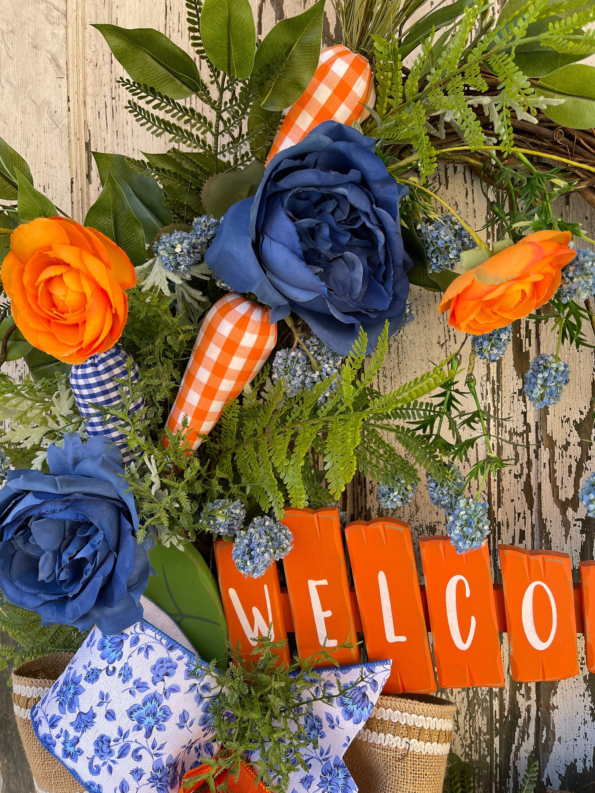 Easter Carrot Wreath, Blue and Orange Easter Wreath, Carrots, Easter Bunny, Spring Wreath, Gingham Carrot Wreath, Spring Wreath,