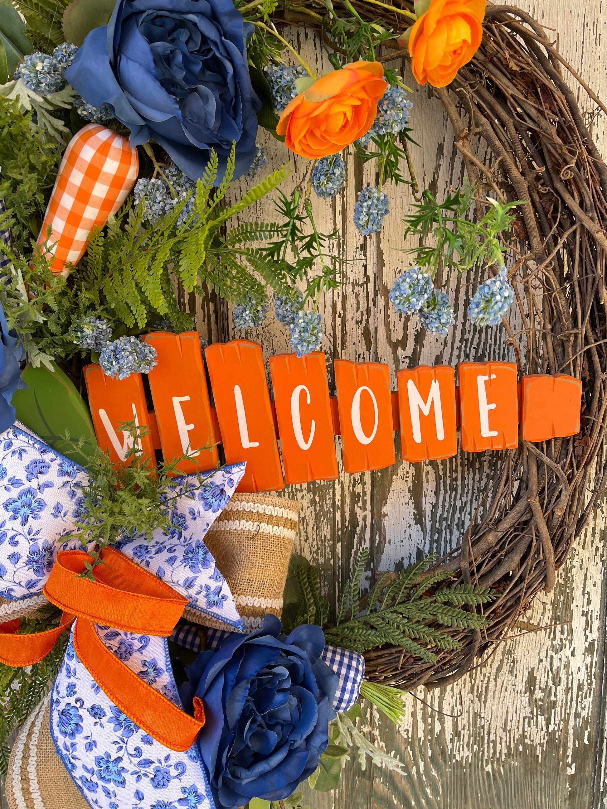 Easter Carrot Wreath, Blue and Orange Easter Wreath, Carrots, Easter Bunny, Spring Wreath, Gingham Carrot Wreath, Spring Wreath,