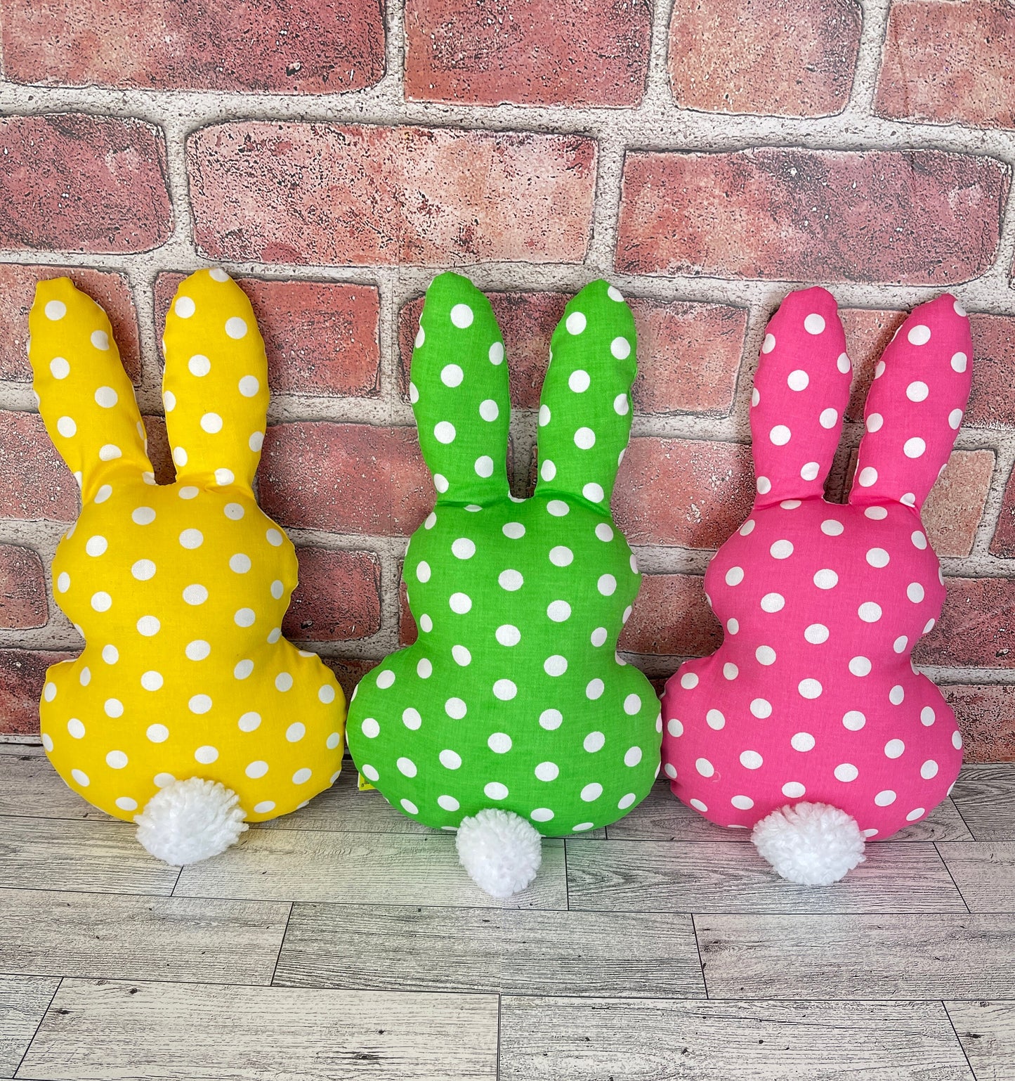 Set of 3 Plush Bunny Rabbits, Bunny Wreath Attachment, Pink Polka Dot Easter Bunny, Easter Decor, craft supply, spring home decor