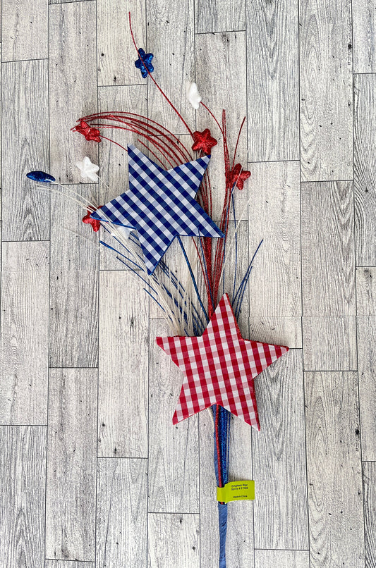 Red White Blue Gingham Star Picks, Patriotic Star Pick, patriotic Wreath Attachment, Star floral pick, July Fourth Decor