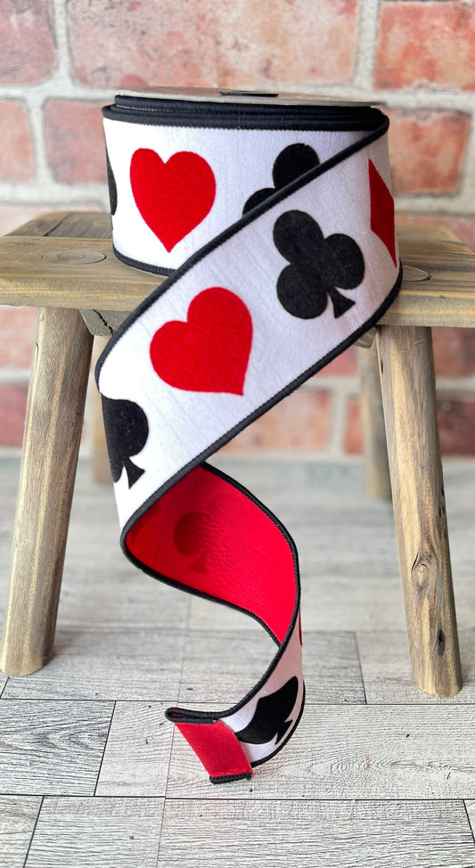 2.5 inch Ribbon, Farrisilk Sweet Suites Ribbon, Black Spades and Red Heart Ribbon, Ribbon, Floral Supplies, Queen of Diamonds Ribbon,