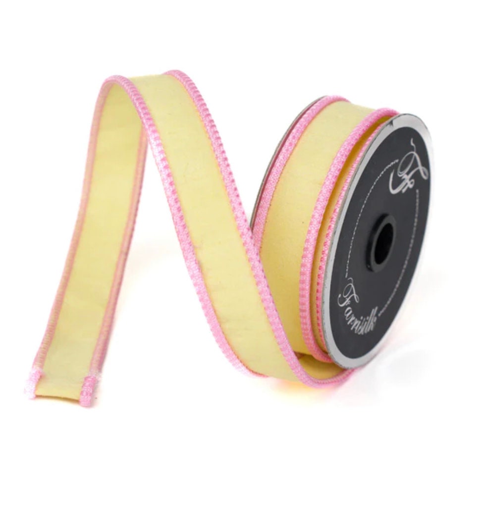 1 inch Ribbon, Farrisilk Sherbert Cord Ribbon, Soft Yellow with Pink Cord Edge Ribbon, Decor, Spring Ribbon, Craft Supply