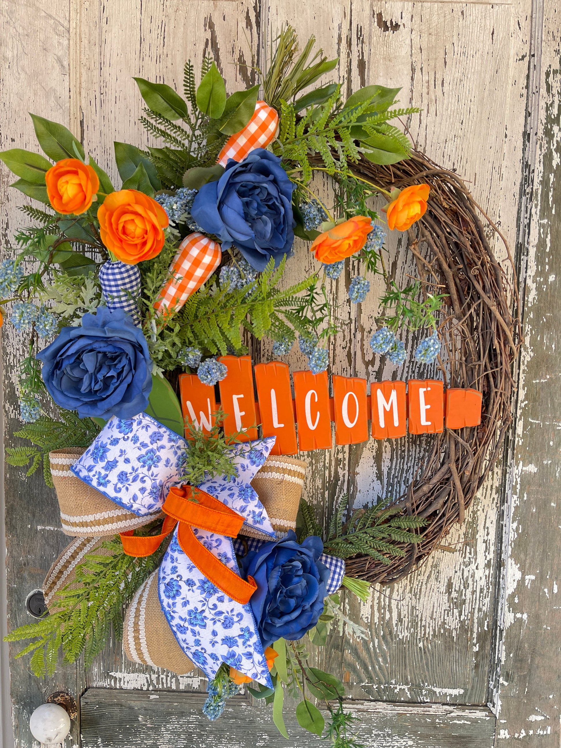 Easter Carrot Wreath, Blue and Orange Easter Wreath, Carrots, Easter Bunny, Spring Wreath, Gingham Carrot Wreath, Spring Wreath,