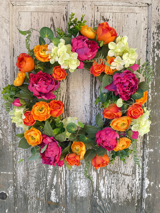 Natural Floral Wreath, Spring Wreath, Pink Peony and Ranunculus Wreath, Spring Decor, Farmhouse Wreath, Summer Wreath, Wedding