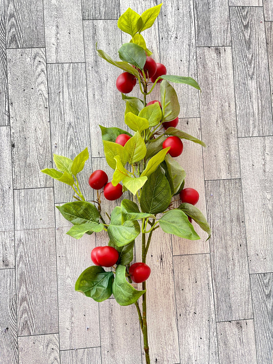 Red Cherry Branch Pick , Fruit Wreath Attachment, fake fruit, Cherries